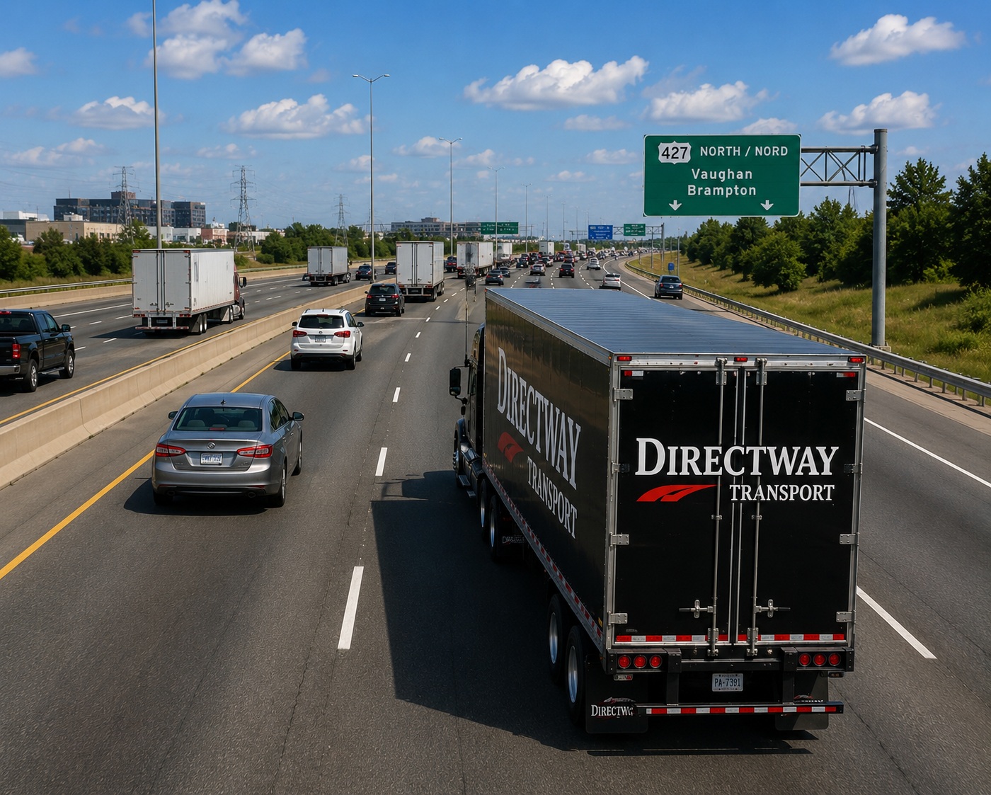 DirectWay Transport trailer heading to Brampton on Highway 427